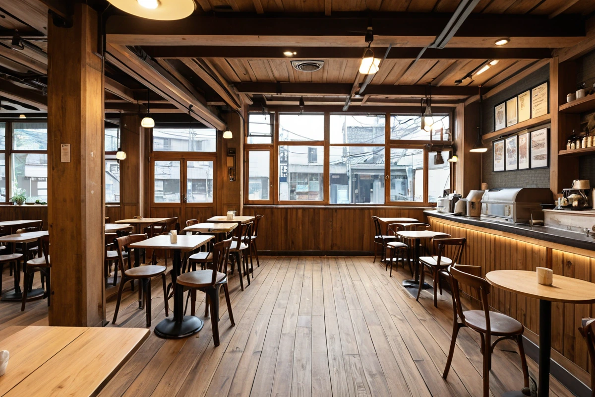 서울 송파구 마천동 카페 내부의 고급 목재 인테리어와 철거 중인 벽면, 철거 작업을 위한 안전 울타리와 철거 장비가 배치된 공간. 카페의 규모와 내부 재료가 철거 비용에 미치는 영