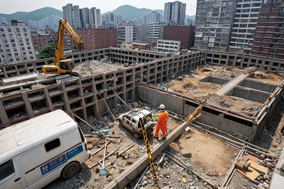 서울 송파구 문정동 도시 밀집 지역에서 철거 작업 전 안전 점검을 위한 장비와 현장의 구조적 안전 상태를 확인하는 장면. 철거 작업 전 철저한 안전 점검을 위한 현장의 구조물과 장