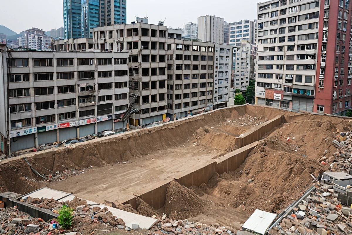 서울 송파구 문정동 상가 지역의 혼재된 주거지와 상업지 경계에서 철거 중인 건물의 외관. 주변 건물과의 거리가 좁은 상황에서 소음 방지를 위한 일시적 장벽과 환경 보호를 위한 흙막