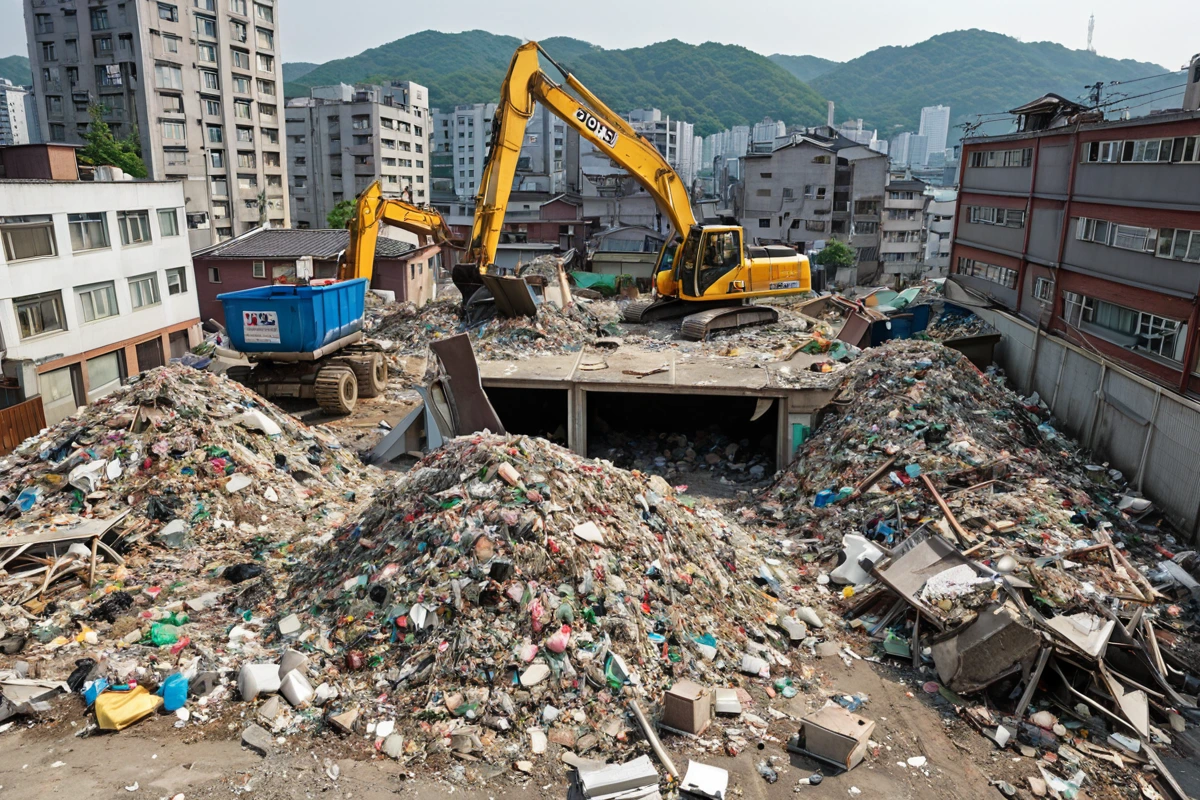 서울 송파구 문정동의 주택 철거 현장에서, 철거 전 3단계 점검을 마친 후 폐기물 분류와 처리 과정을 보여주는 장면. 철거된 재료들이 정리된 폐기물 분류대와 철거 후 남은 구조물의