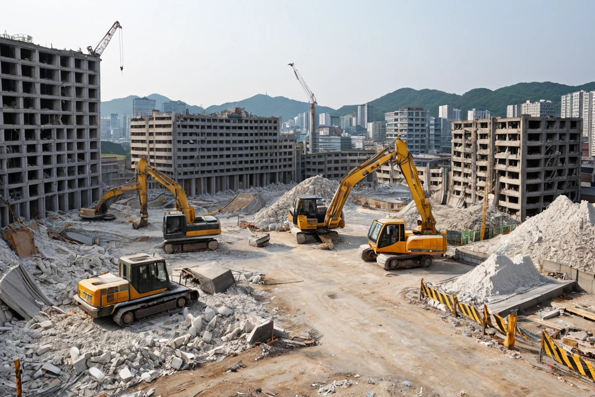 서울 송파구 문정동의 철거 현장에서 석고보드 구조물과 철근 콘크리트 구조물이 나란히 보이는 현실적인 장면, 철거 작업을 위한 장비가 준비된 공간