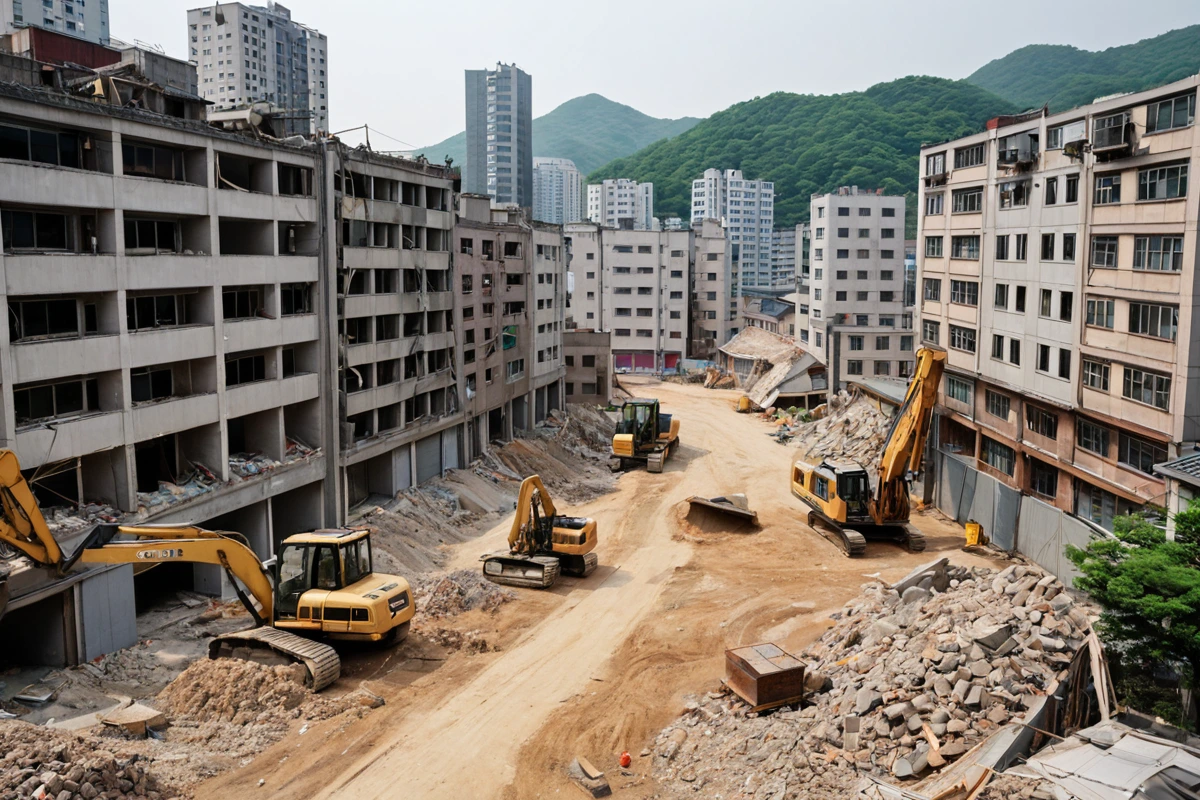 서울 송파구 문정동 주거와 상업이 혼재된 도시 풍경. 주변 건물의 외관과 철거 작업 시 소음과 먼지 관리를 위한 일시적 차단막이 설치된 모습. 주거 밀집 지역의 실제 환경을 보여줍