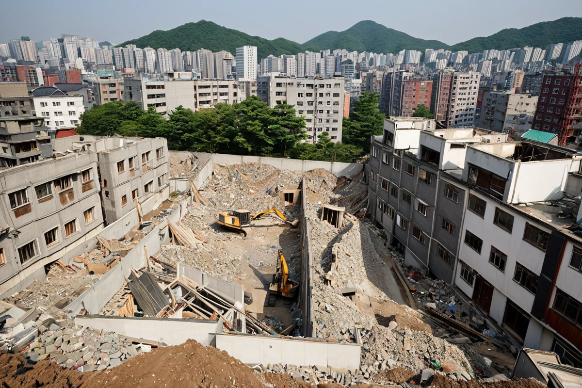서울 송파구 문정동 주거지역의 가벽 철거 현장, 철거 중인 가벽과 주변 주택의 정밀한 구조, 소음 방지용 방음막이 설치된 철거 현장의 실물 이미지