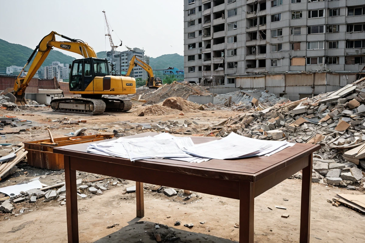 서울 송파구 문정동 주거 지역의 철거 공사 현장, 허가 서류가 놓인 테이블과 철거 계획 도면이 정리된 테이블 위의 사실적인 장면