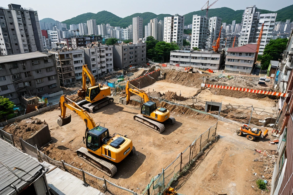 서울 송파구 방이동 사무실 철거 현장 주변의 주택가와 철거 작업 중인 장비, 주변 주민의 생활에 영향을 미치지 않도록 철저히 차단된 작업장과 철거 작업의 안전을 고려한 현장 구조