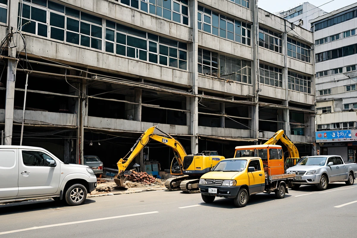 서울 송파구 방이동 상가 건물 외부, 현대적인 상가 건물의 철거 준비 단계에서 철거 장비가 준비된 모습. 건물의 복잡한 구조와 주변 도로의 상업적 분위기가 잘 드러나는 장면.