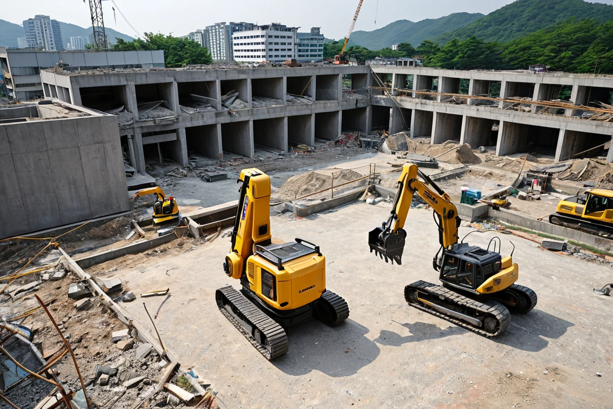 서울 송파구 방이동의 전문 철거 업체가 구조 분석을 위한 장비를 사용하는 현장. 철거 전 구조물의 정밀 분석을 위한 레이저 스캐너와 컴퓨터 시스템이 배치된 공사장. 철거 장비와 구