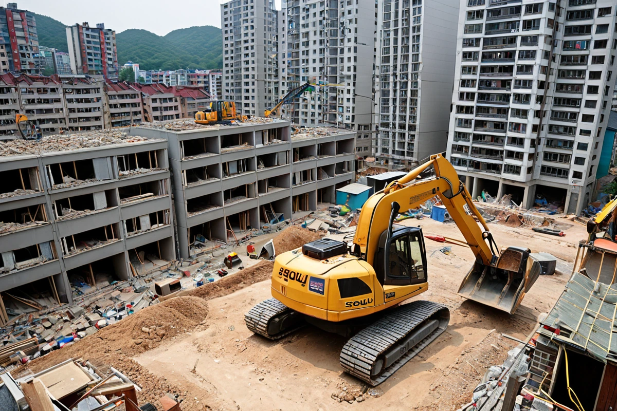 서울 송파구 방이동 주거 밀집지역에서 가벽 철거 작업 중 소음과 진동을 최소화하는 전문 장비가 정확히 설치된 모습. 주변 건물과 조화를 이룬 철거 현장의 정밀한 세부 묘사.