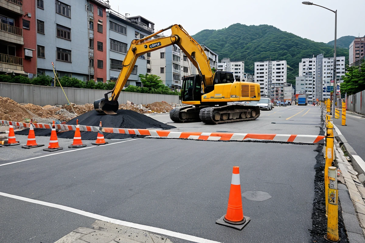 서울 송파구 봉천동 주거지역에서 철거 작업 전 현장 점검을 위한 장비와 문서가 준비된 모습, 주변 건물과 도로가 보이는 주거지역의 분위기, 철거 작업 중 발생할 수 있는 소음과 진