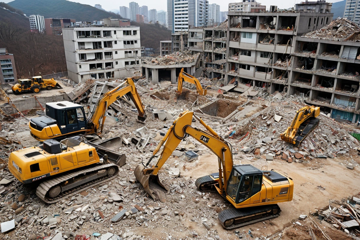서울 송파구 사천동 주택 철거 현장에서 건물 규모와 철거 방법에 따라 비용이 달라지는 것을 보여주는 실제적인 철거 작업, 철거 중인 건물의 구조와 철거 방법을 고려한 공사 현장,