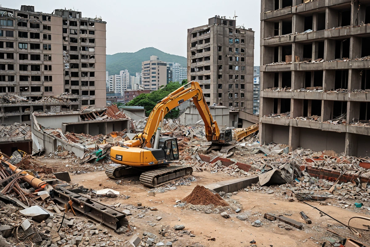서울 송파구 삼전동에서 진행되는 주택 철거 현장의 구조물과 철거 도구가 정리된 모습, 10평 미만의 주택 철거 비용 산정을 위한 현장 조사 장면