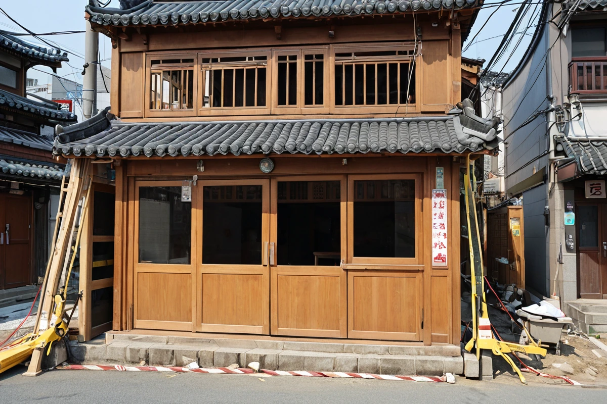 서울 송파구 삼전동의 중소형 식당 외부에서 철거 작업을 위해 준비된 철거 장비와 철거 예정인 식당의 구조물이 보이는 장면. 식당의 작은 규모와 구조물의 단순함이 드러나며, 철거를 