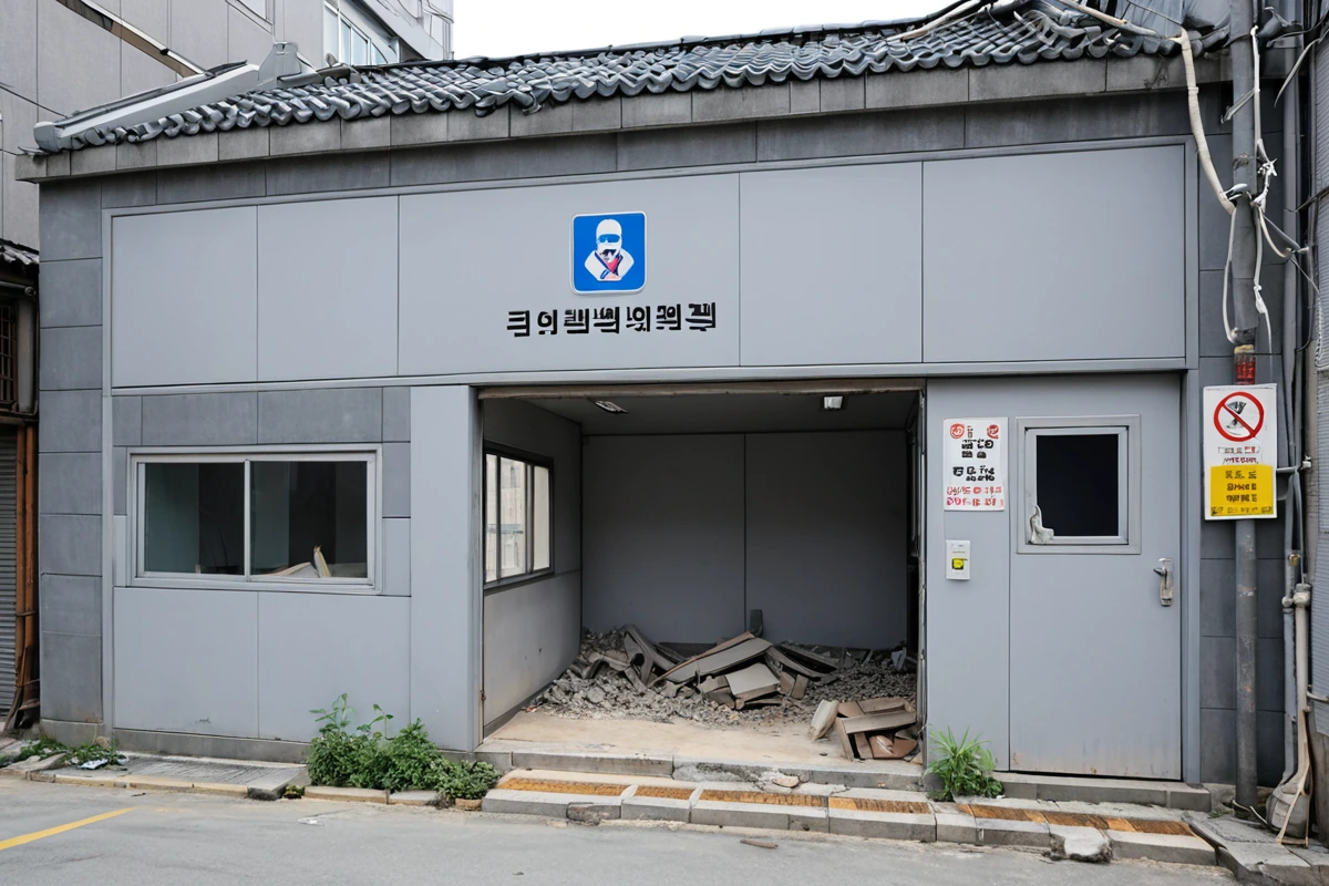 서울 송파구 삼전동의 철거 업체 사무실 외관, 철거 전문 자격증과 보험 가입 표시가 부착된 간판이 있는 철거 업체 사무실. 건물 외벽은 깨끗한 회색 벽면으로, 철거 업체의 이름이