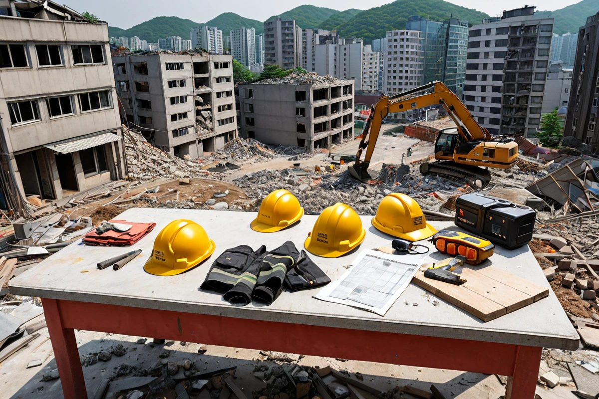 서울 송파구 삼전동 주택 철거 현장에서 철거 업체의 자격증과 안전 장비가 정리된 테이블 위에 놓인 모습, 철거 과정에서 주변 구조물 손상 없이 철거 중인 현장 배경