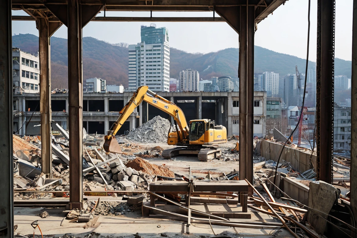 서울 송파구 상업용 건물 철거 현장, 철골 구조가 드러난 철거 중인 건물 외관, 2000년대 이후 건축물의 특징을 보여주는 세부 구조, 철거 작업 중인 장비가 배경에 흐릿하게 보이