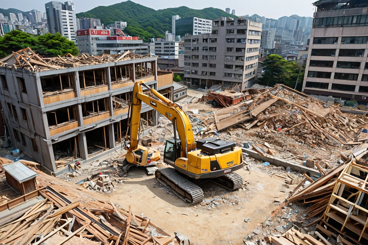 서울 송파구 석촌동의 50평 규모 2층 목조 건물 철거 현장, 철거 장비가 준비된 공터에서 건물의 구조가 드러난 채로 철거 작업 중인 모습, 주변에 철거 시 주의가 필요한 목재 조