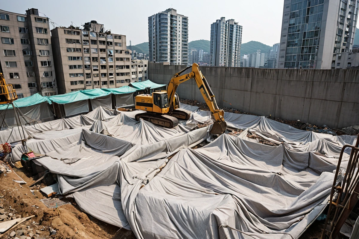 서울 송파구 석촌동의 도시 풍경 속 천장 철거 현장. 주변 건물과의 거리가 좁은 곳에서 철거 작업 중인 공사 현장의 정리된 공간. 소음 차단용 천막과 먼지 방지용 방진망이 설치된 