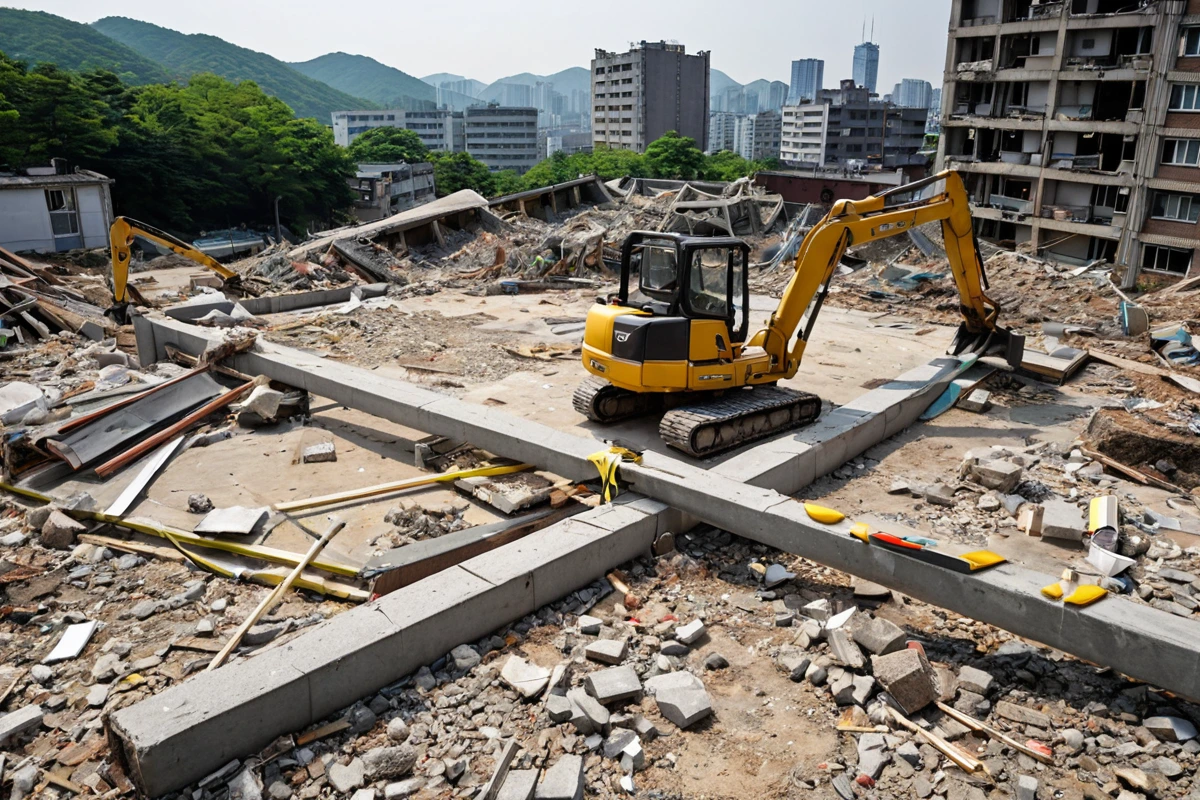 서울 송파구 석촌동의 주택 철거 현장에서 철거 대상 구조물의 종류와 규모를 확인하는 현장 점검 장면. 철거 전 주택의 구조물이 정리된 상태로, 철거 작업을 위한 측정 도구가 놓여 