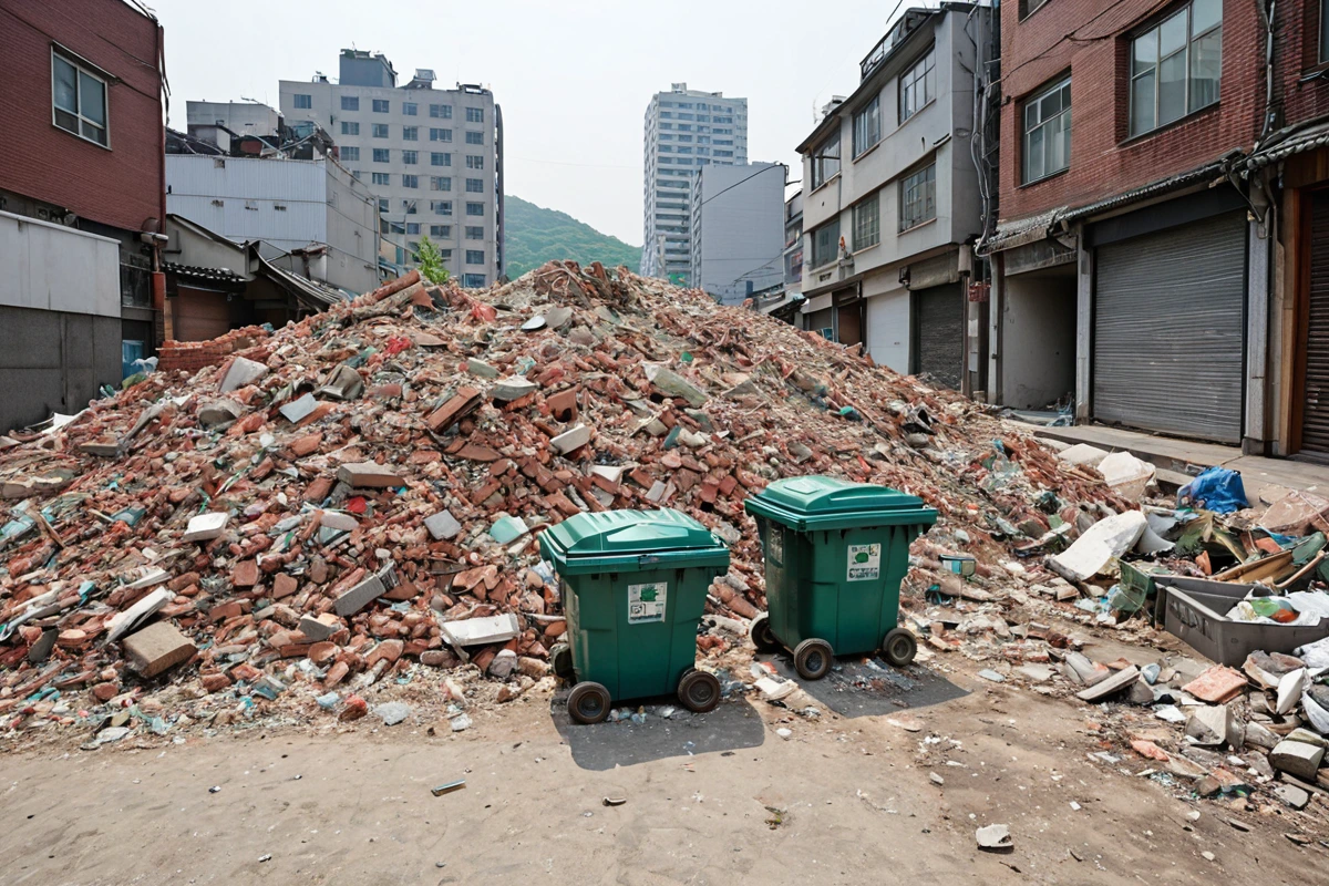 서울 송파구 송파동의 주택 철거 현장에서 건축 폐기물과 일반 폐기물이 분리되어 배치된 모습. 건축 폐기물은 철거된 벽돌과 목재, 일반 폐기물은 생활 쓰레기로 분류된 쓰레기통이 보인