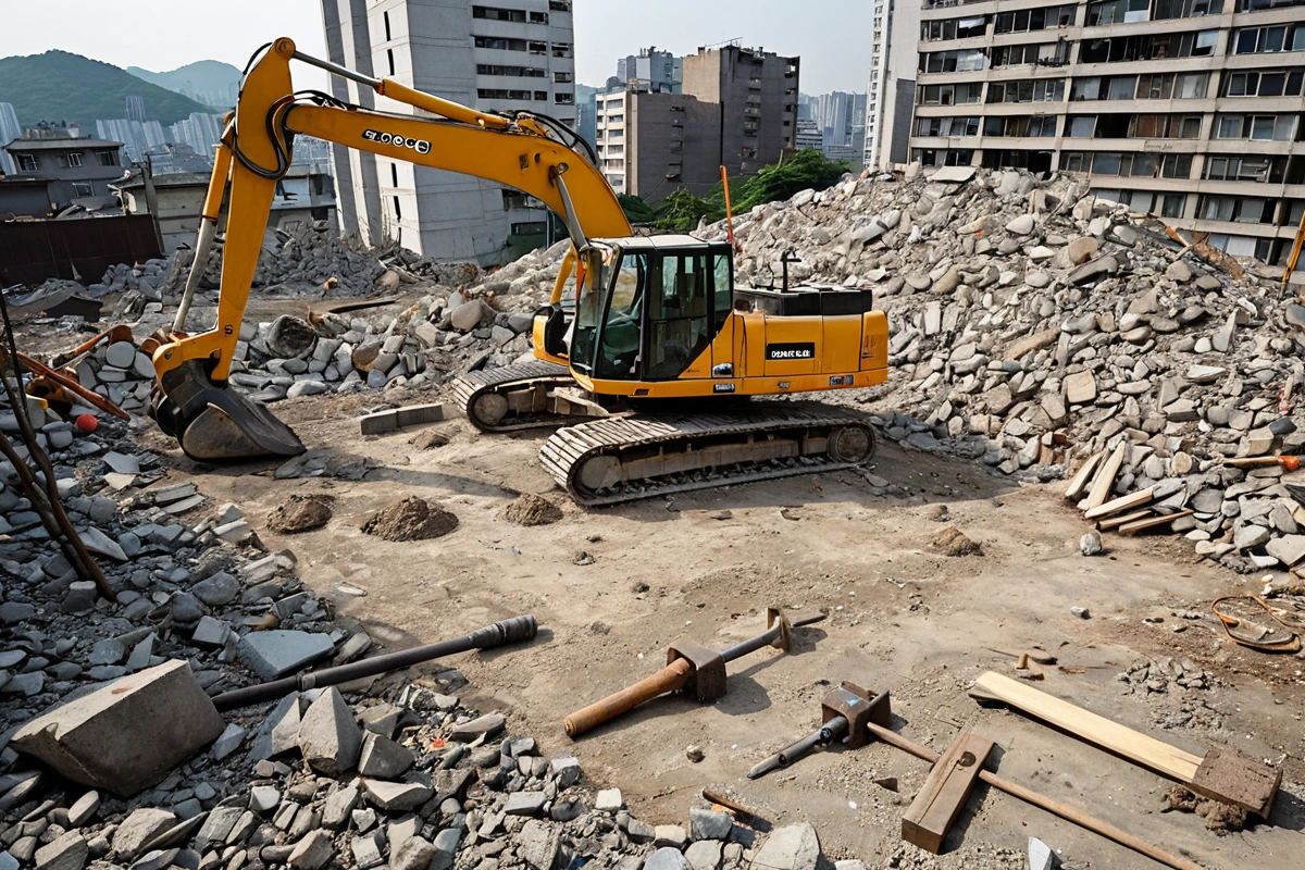 서울 송파구 송파동의 주택 철거 현장에서 수동 철거 도구와 기계 철거 장비가 함께 놓인 모습. 수동 도구는 손잡이가 보이는 간단한 형태로, 기계 장비는 철거 작업을 위한 구조가 드