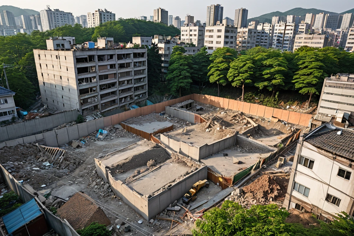 서울 송파구 주거 밀집 지역의 철거 작업 전 현장, 주변 건물과의 거리가 가까운 상황을 보여주는 도시 풍경, 철거 작업을 위한 경계선이 설치된 철거 현장의 주변 상황, 주거지역의
