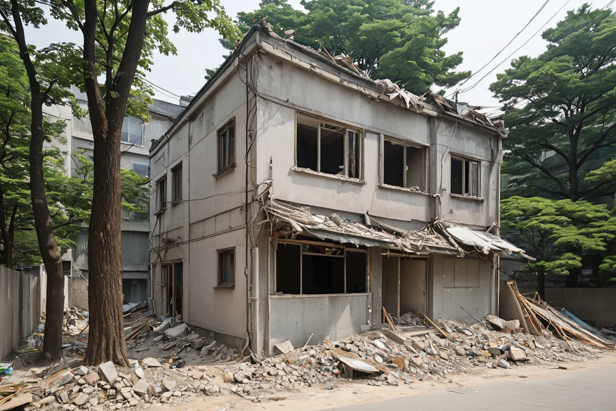 서울 수색동 주거 지역의 철거 현장. 철거 중인 주택의 외벽과 주변의 수목이 보이는 장면. 먼지가 조용히 떠다니는 주거지의 조용한 분위기.