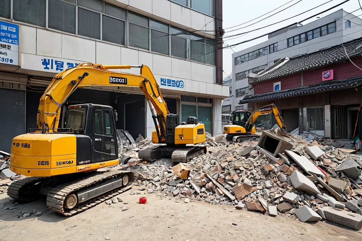 서울 수서동 지역의 피시방 철거 전문 업체가 사용하는 현대식 철거 장비와 정리된 작업 공간. 철거 시스템과 안전 기준을 충족하는 장비가 철저히 정리된 모습.