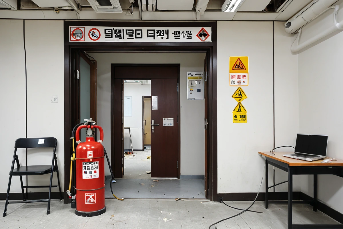 서울 수서동 학원 건물 외부, 소방 안전 점검을 위한 검사 표지가 붙은 문과 철거 준비 중인 학원 내부의 정리된 책상과 의자, 철거 장비가 옆에 놓인 공간