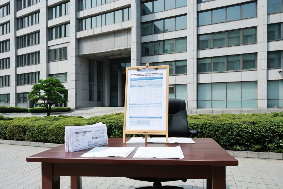 서울시 구청 건물 앞에 위치한 철거 관련 법규 안내 표지판과 철거 신고 절차를 설명하는 문서가 놓인 테이블. 법적 절차 준수를 위한 실제 현장의 구체적인 모습.