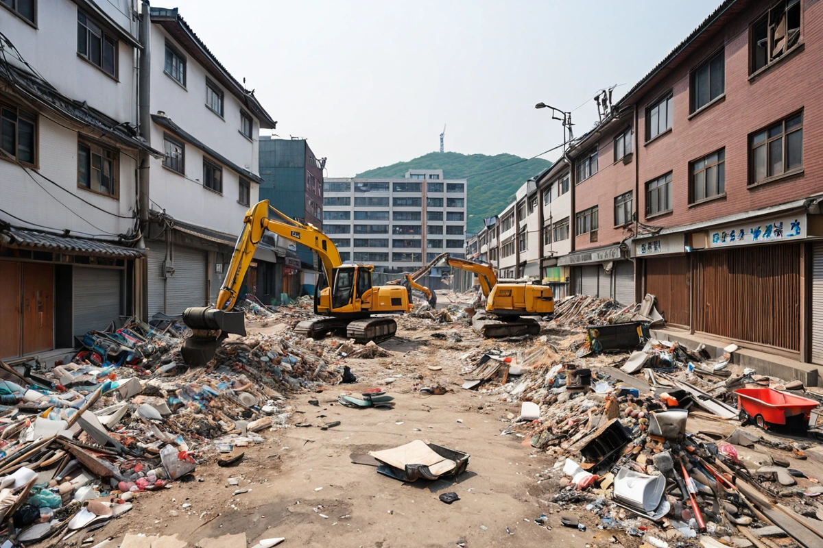 서울시 월계동 지역의 매장 철거 후 청소 현장에서 청소 도구와 철거 잔해가 정리된 공간. 철거 후 청소 비용을 절감하기 위해 청소 범위를 정확히 파악한 결과물로, 청소 도구가 철저