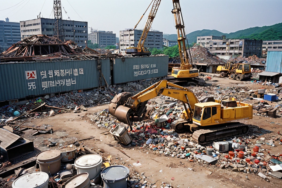 서울 신당동의 1990년대 구조 공장 철거 현장, 대형 기계 장비가 철거 중인 구조물과 화학물질 보관 용기들이 정리된 배경, 환경 보호 규정 준수를 위한 현장 표지판이 보이는 모습