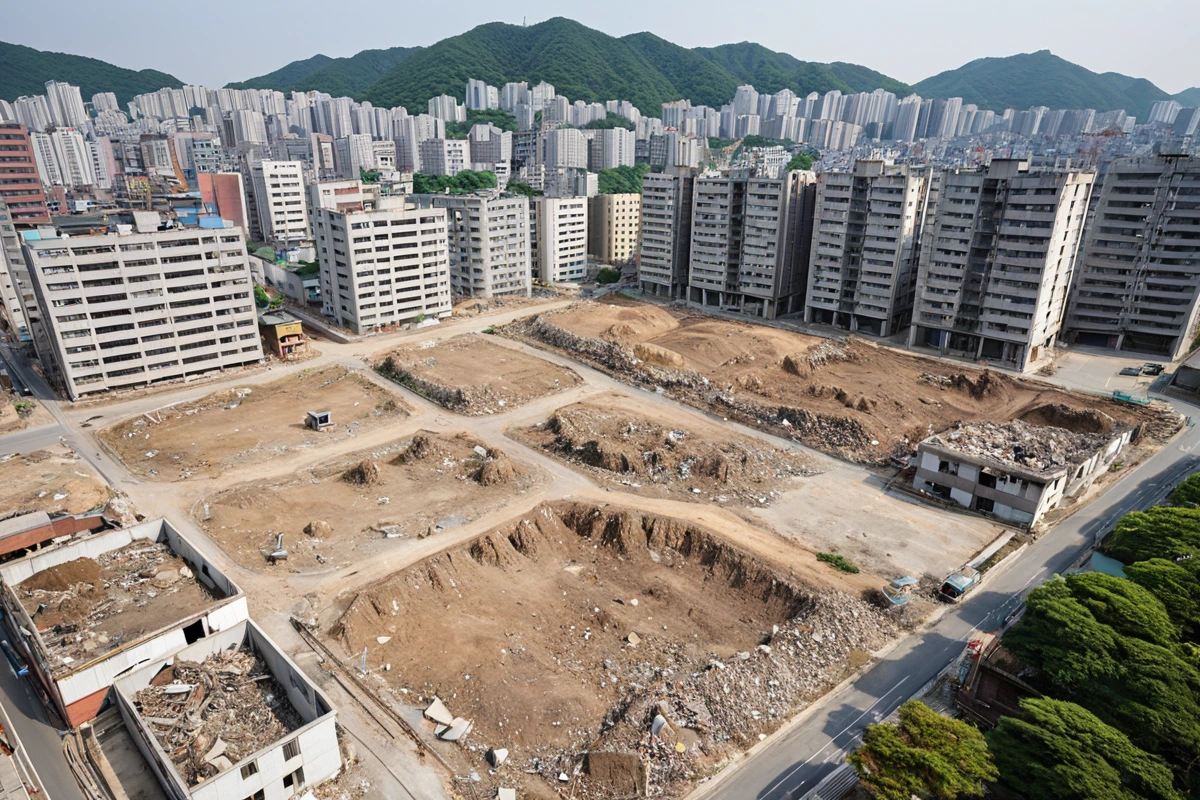 서울 신사 지역의 주택 철거 완료 후 청소된 공간. 철거로 인한 흔적이 남지 않은 깨끗한 현장과 주변 건물이 조화를 이룬 모습을 보여주는 사실적인 장면.