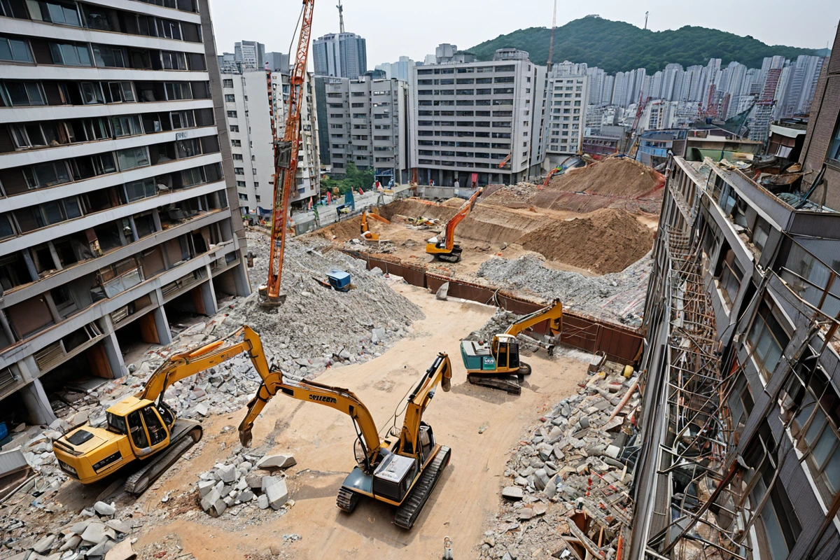 서울 역삼 지역의 고밀도 주거지와 상업지가 혼재된 거리에서 철거 작업 중인 안전 장비와 철거 현장 경계선이 잘 정리된 모습. 주변 건물과의 거리가 가까운 상황에서 진동과 소음 관리