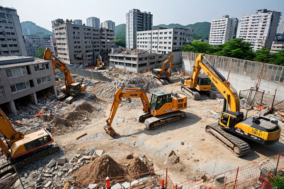 서울 연남동 주변 건물과 가까이 위치한 철거 현장, 주변 건물과의 거리를 고려한 안전 울타리와 철거 장비가 정확하게 배치된 모습