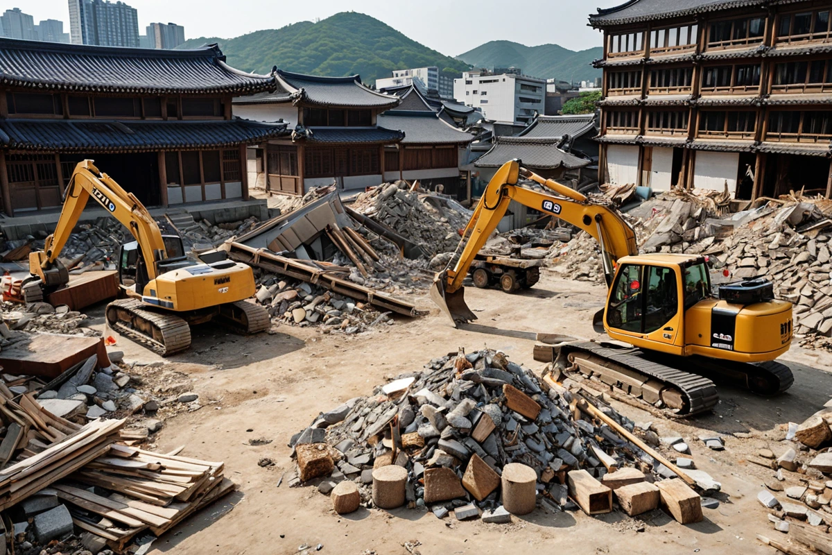 서울 연희동의 한옥 건물 철거 현장, 철거 중인 건물의 구조와 폐기물 처리 과정이 자연스럽게 드러나는 장면, 철거 장비가 정리된 배경에서 폐기물이 분류되고 있는 모습
