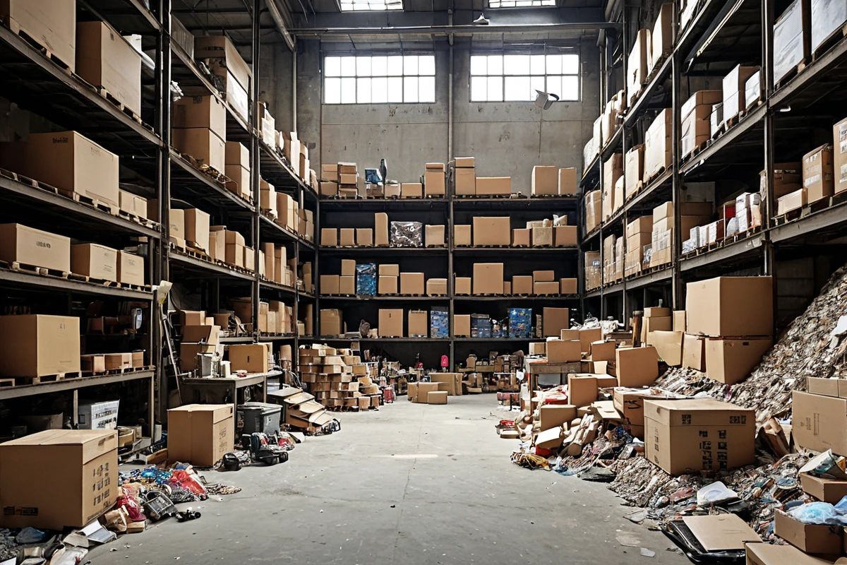 서울 오금동 창고 내부, 물건들이 정리되지 않은 상태로 쌓여 있고, 철거 업체가 사용하는 물품 분류 장비가 배치되어 있는 현실적인 장면. 창고 벽면에는 먼지가 가득한 쇼케이스와 쌓