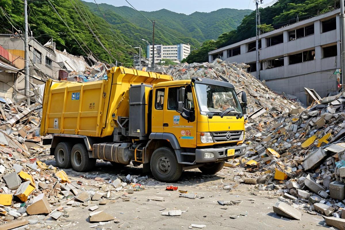 서울 용산구 이촌동의 주택 철거 현장에서 폐기물 처리 차량이 주변의 철거 잔해를 수거하는 모습. 철거된 벽체와 잔해가 쌓여 있는 공간에 폐기물 처리 차량이 주차되어 있으며, 철거