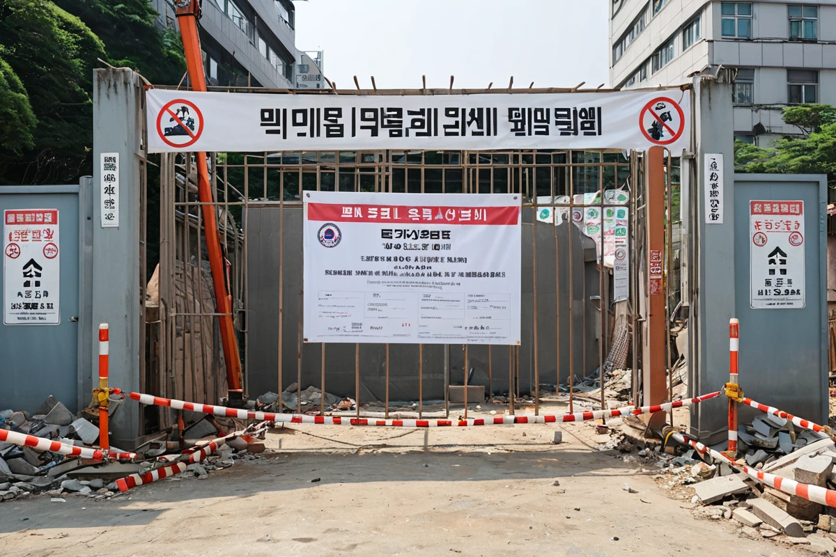 서울 용산구 이촌동 철거 현장의 입구에 위치한 철거 업체 자격 증명서가 부착된 현수막이 보이는 장면. 철거 현장의 경계선과 안전 표지판이 정리된 배경에서 자격 증명서가 보여지는 자