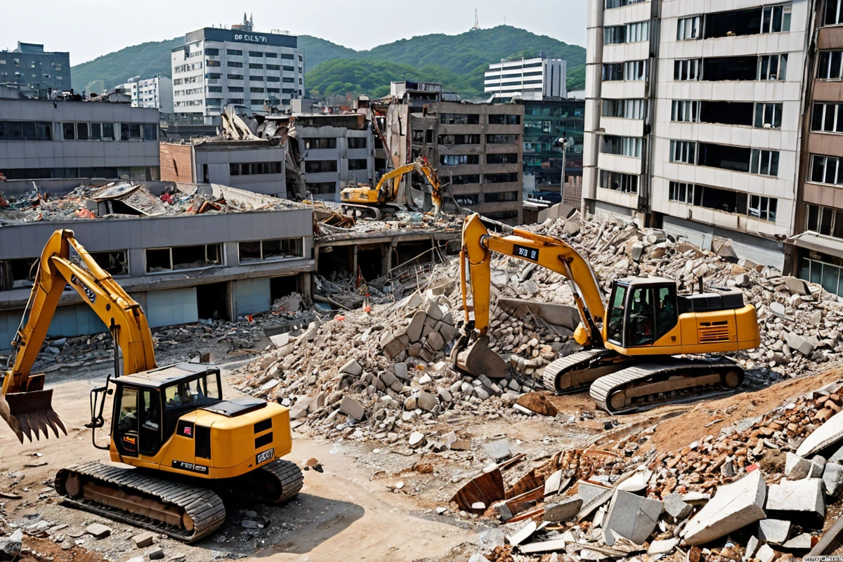 서울 우면동 상가 건물의 외부에서 철거 작업 중인 모습, 철거 장비가 세워진 채로 건물의 일부가 무너진 상태, 주변 건물들과의 조화를 이룬 도시 풍경