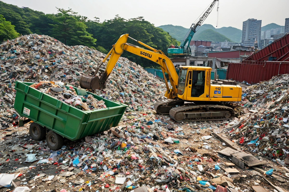서울 우이동 피시방 철거 시 재활용 처리되는 폐기물과 환경 친화적 철거 장비가 함께 있는 현장, 철거 과정에서 발생한 폐기물이 재활용 용기에 정리된 모습