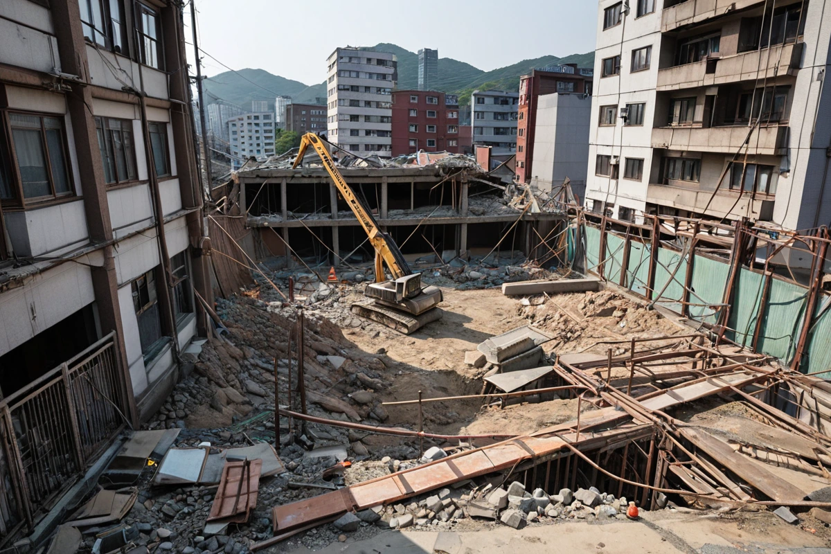 서울 우장산동의 오래된 주택 철거 현장에서, 구조물이 붕괴 위험으로 인해 추가 안전 점검을 위한 장비가 설치된 모습. 철거 중인 주택의 내부 구조가 드러나고, 철거 작업을 위한 안