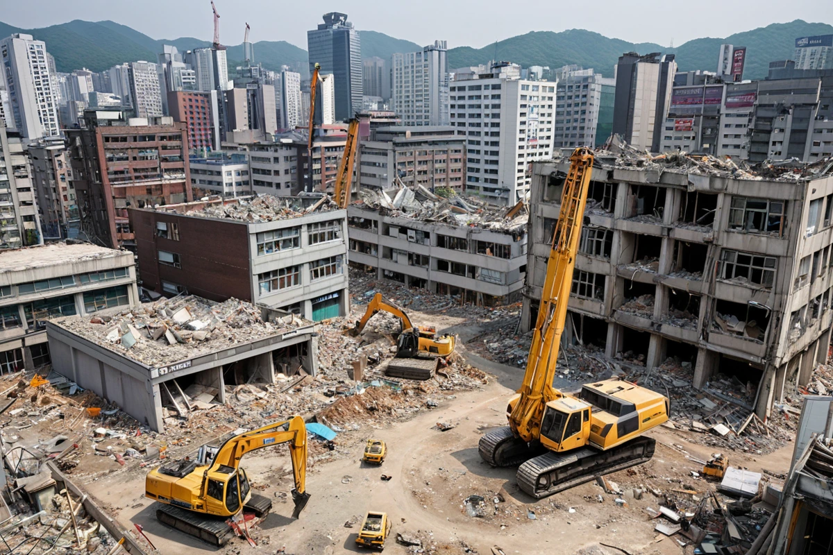 서울 원효로동 상가 주변의 도로와 건물 사이에 철거 작업 중인 크레인과 철거 장비가 정리된 모습. 주변 건물의 창문과 간판이 보이는 도시 풍경 속에서 철거 작업의 규제 상황을 나타