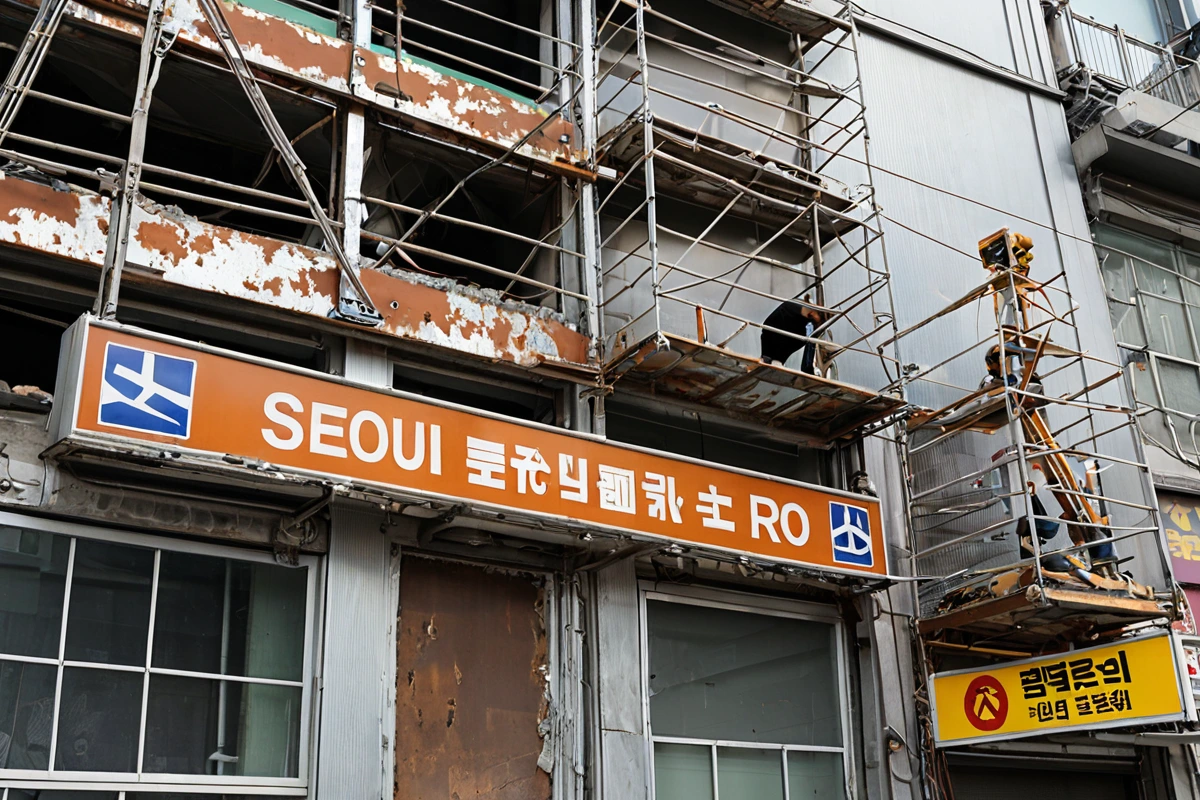 서울 원효로동의 상점 간판 철거 현장, 철거 중인 간판의 재질과 높이에 따라 비용이 결정되는 모습. 간판은 알루미늄 재질로, 높은 위치에 설치된 상태로 철거 작업 중인 모습.