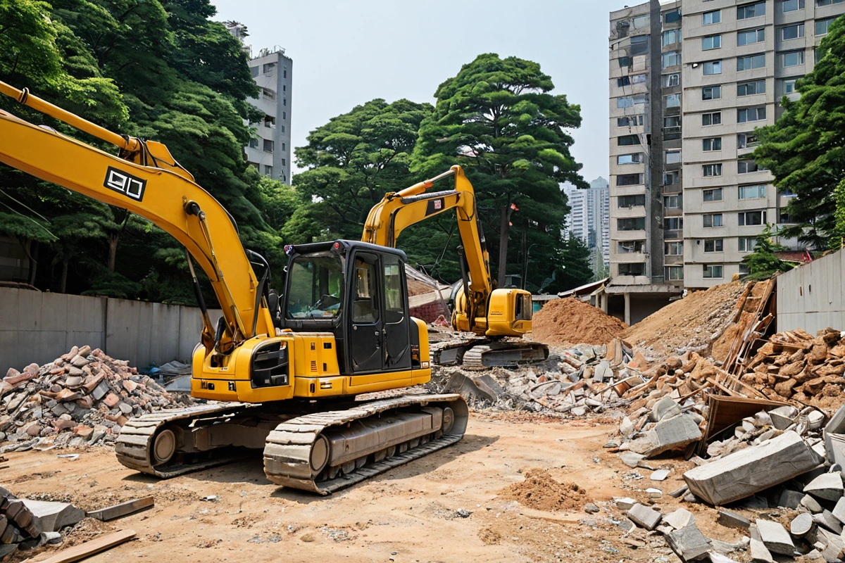 서울 원효로동의 주거지역에서 바닥 철거 작업 중인 철거 장비가 조용히 정리된 모습, 주변 건물과 나무가 배경으로 보이며 야간 작업이 아닌 주간의 조명 아래에서 진행되고 있는 상황을