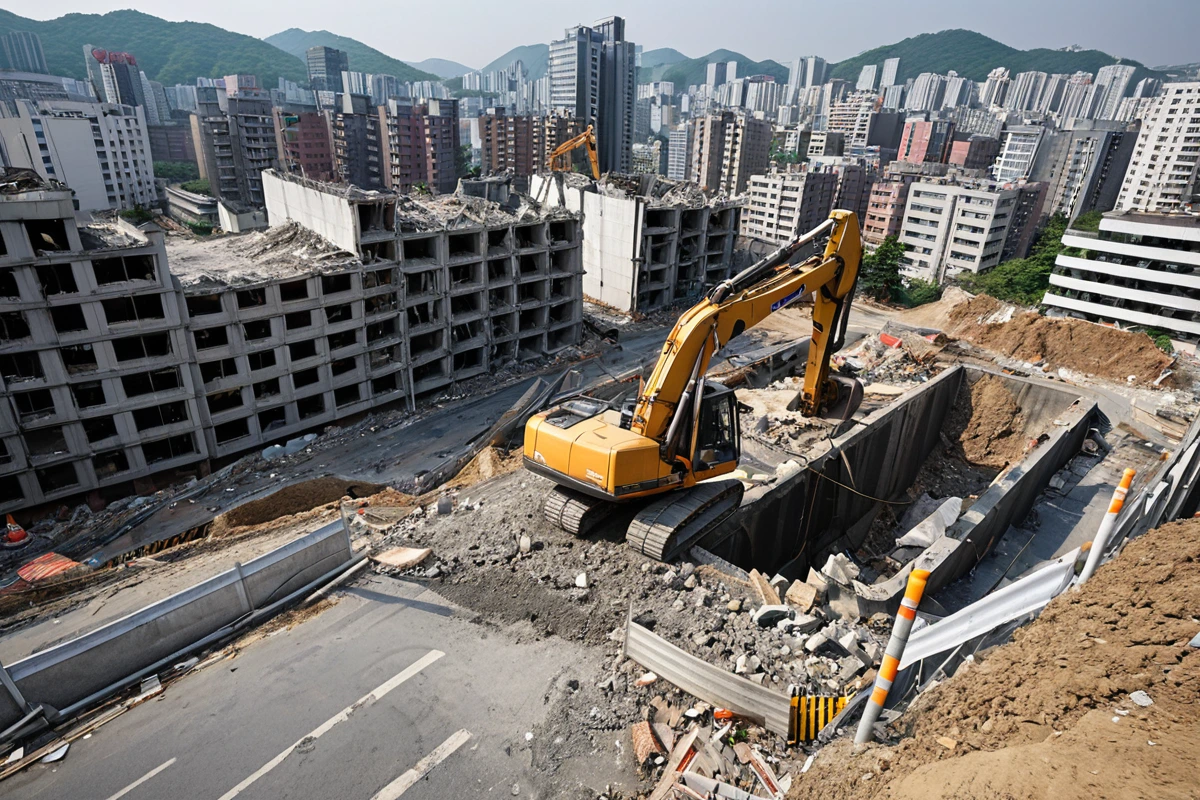 서울 월계 지역의 도시 개발로 인한 복잡한 주변 환경 속 철거 현장. 건물 철거 시 안전 점검을 위한 전문 장비가 설치된 배경으로, 주변 건물과 도로의 복잡한 구조를 보여주는 자연