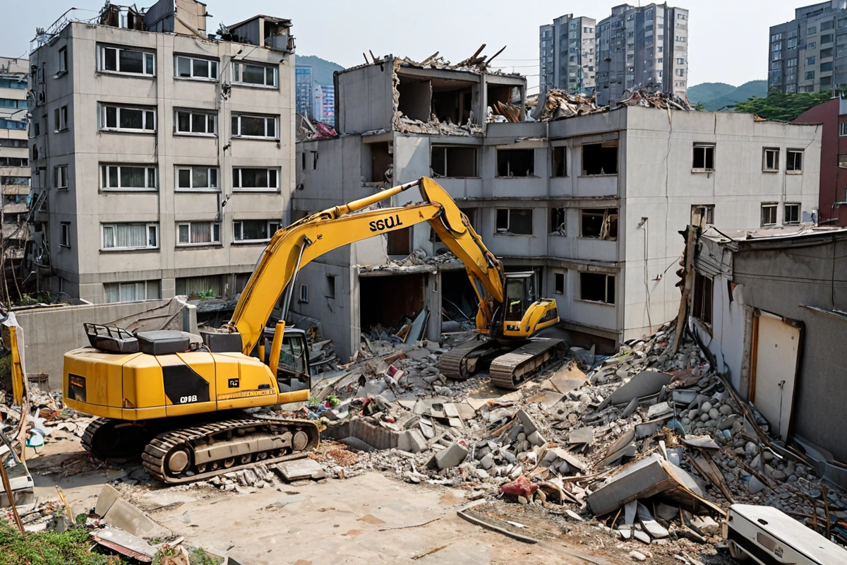 서울 월곡동 지역의 일반 가정집 철거 현장, 철거 중인 건물 외관과 철거 장비가 정리된 모습. 건물 규모와 철거 방식에 따라 비용이 달라지는 사실적인 장면.