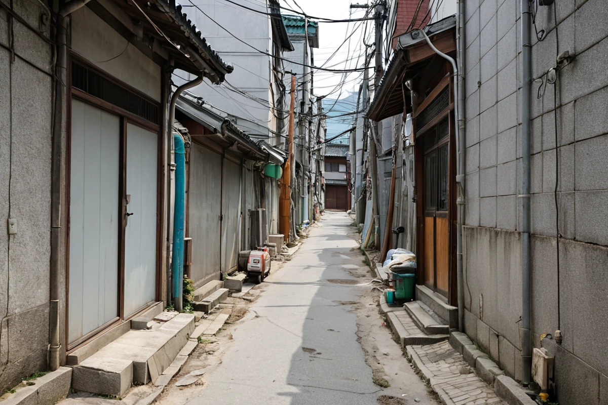 서울 은평구 봉천동의 좁은 골목길에서 철거 장비가 주변 건물과의 간격을 조심스럽게 이동하는 모습. 좁은 도로와 주변 건물의 구조가 드러나는 현실적인 풍경.