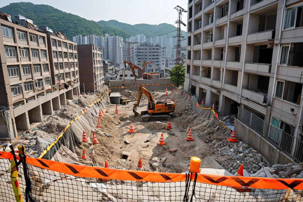 서울 은평구 신사동 주거 밀집 지역의 철거 현장에서 안전 장비가 철저히 준비된 작업 공간. 철거 장비 위에 안전망이 설치되고, 주변 건물과의 안전 거리를 나타내는 표시가 놓인 모습