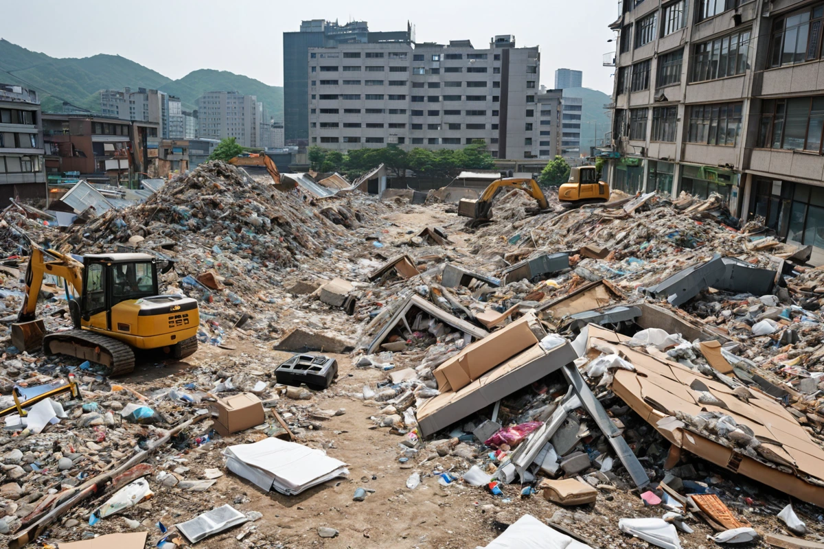 서울 은평구 신사동 주택 철거 전 폐기물 처리 준비 현장. 철거 예정 건물의 잔해와 분리된 폐기물이 정리된 공간에서 폐기물의 종류와 양을 확인하는 모습. 철거 전 미리 정리된 폐기
