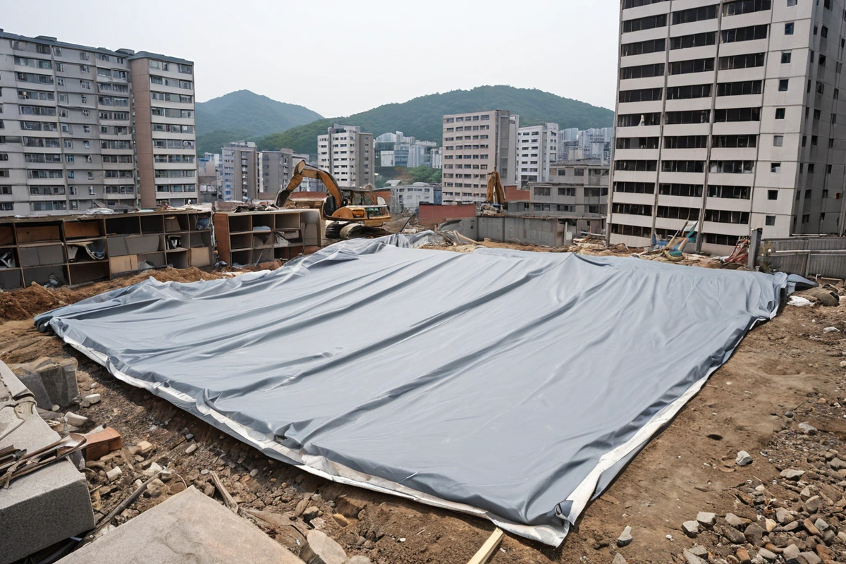 서울 은평구 신사동 철거 현장에서 먼지 방지용 비닐 천으로 덮인 건물 외관과 소음 차단을 위한 방음막이 설치된 장면. 주변 주민의 주거 공간이 보이는 배경으로 철거 작업 중인 모습